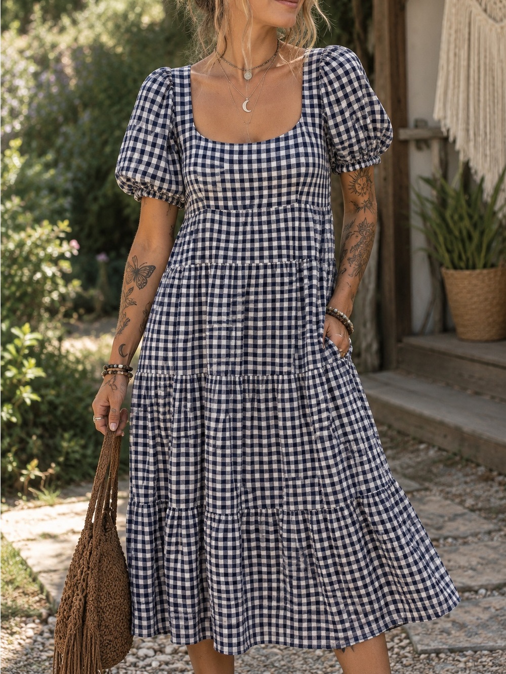 Gingham Puff-Sleeve Tiered Midi Dress - Navy/White [Size Large]